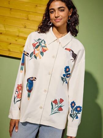 Felipe Marques Chemise à fleurs et imprimé oiseaux pour femmes, vêtement décontracté pour les vacances, convient pour l'automne, l'hiver, le printemps, la plage, le style boho