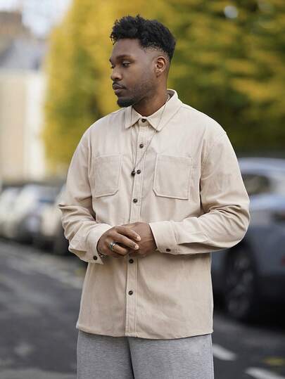 Heavens Edit Men's Casual Corduroy Shacket, Lapel Collar Button Long Sleeve Cardigan With Dual Pockets, Suitable For Daily Leisure, Fashion Minimalist Outings, Commute, Street Style Spring & Autumn
