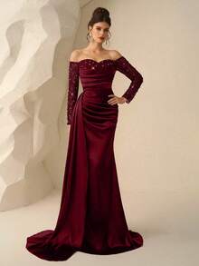 Coutiva 优雅奢华的串珠亮片网纱拼接高开衩荷叶边美人鱼裙，适合婚礼、单身派对、度假、庆典、正式活动（装饰版）、毕业典礼等场合。 - 酒紅色 - 查看 4