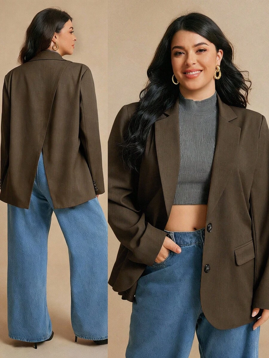 Elaquor Plus Size Women's Solid Color Lapel Collar Long Sleeve Single Button Casual Blazer Jacket, Autumn