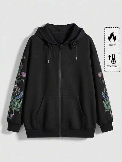 ROMWE EDITION Gothic Y2K Bindweed, Butterfly, Coiled Snake, Thorn Tree Plus Size Black Zip-Up Sweatshirt Jacket, Autumn/Winter Plus Size Women's Black Sweatshirt Jacket, Christmas Holiday Casual Women's Sweatshirt Jacket
