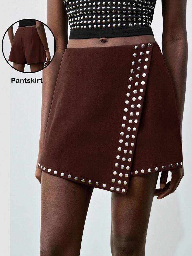 SHEIN Maija Women's Solid Color Rivet Asymmetric Casual Skort, Urban Commute Business Casual, Elegant Office Attire, Suitable For Christmas, New Year Party And Gathering Brown Skort  St Patrick's Day Women Easter Summer Outfits Easter Dress Women Party Top Beach Dress Summer Holiday Outfits Each Vacation Outfits For Women  Summer Outfit For Women Going Out Outfits Graduation Graduation Outfit  Casual Dresses  Casual Blouses For Women