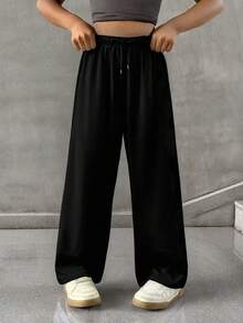 SHEIN Tween Girl Summer Simple Front Tie Loose Sweatpants, Casual Daily Wear Wide Leg Sweatpants Comfy Pants Black Baggy Pants Lounge Pants Loose Pants - Black - View 4
