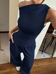 SHEIN EZwear 2pcs Women Casual Commuting Solid Color Asymmetrical Top And Pants Set - Navy Blue - View 3