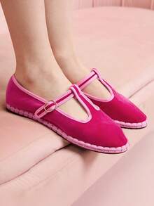 CUCCOO DOLLMOD Women's Elegant Velvet T-Strap Mary Jane Flat Shoes, Peach Pink - Pink - View 1
