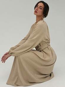 Aloruh Minimalist Apricot Textured Office Dress With Gathered Waist And Extra Long A-Line Hem, Commuter Friendly - Apricot - View 6