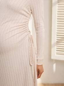 SHEIN Maternity Casual Everyday Commute Simple Solid Color Ribbed Drawstring Ruched Fitted Dress, Spring/Autumn - Apricot - View 7