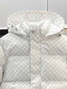 Manfinity Joysei 男士全印花连帽短款夹棉大衣，冬季保暖白色拉链大衣，秋季 - 白色 - 查看 3