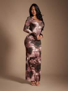 Radiana 女士休闲优雅棕色扎染图案修身连衣裙，长袖，舒适休闲，适合居家、日常穿着、约会、通勤，面料柔软有弹性，基础款连衣裙 - 彩色 - 查看 3