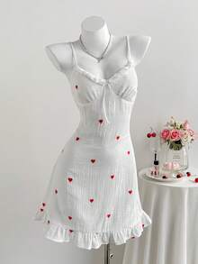 Comfortcana 女士休闲爱心刺绣吊带迷你连衣裙，夏季 - 紅色 - 查看 4