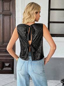 SHEIN PariChic Women's Round Neck Sequined Bow Top Back Open Placket Design Tank Top For New Year Christmas,Black,Summer,70's,Club,Party Disco Sparkly Rhinestone - Black - View 2