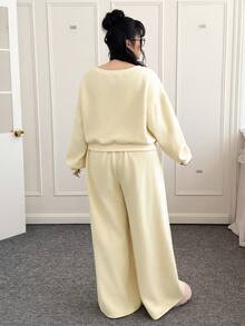 SHEIN EZwear 大码舒适两件套，保暖内衬，芥末黄，秋冬款 - 淡黃色 - 查看 2