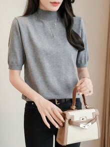 EMERY ROSE 女士纯色高领短袖休闲针织上衣 - 淺灰色 - 查看 3