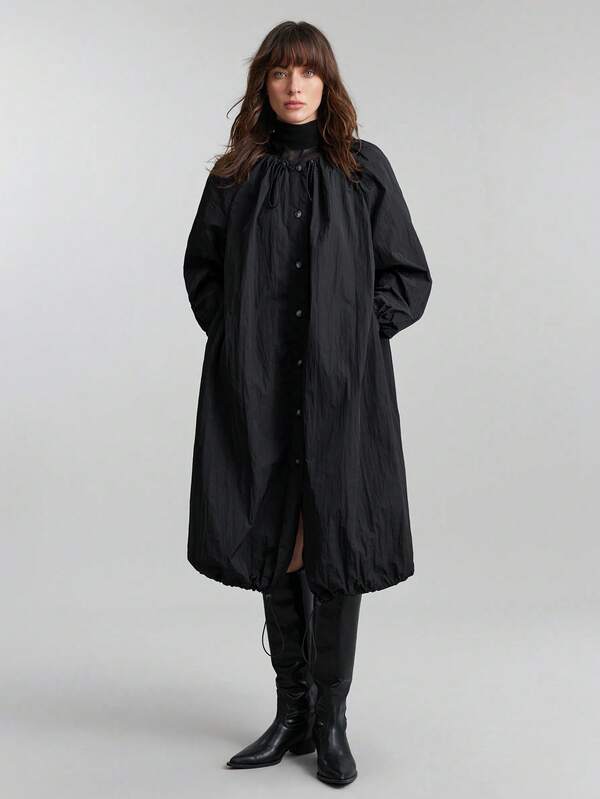 Ontre 2026春夏女士轻薄外套，黑色宽松长袖圆领套头衫，适合办公室/休闲场合，可调节抽绳，商务休闲，教师节，情人节，节日派对，百搭薄款外套