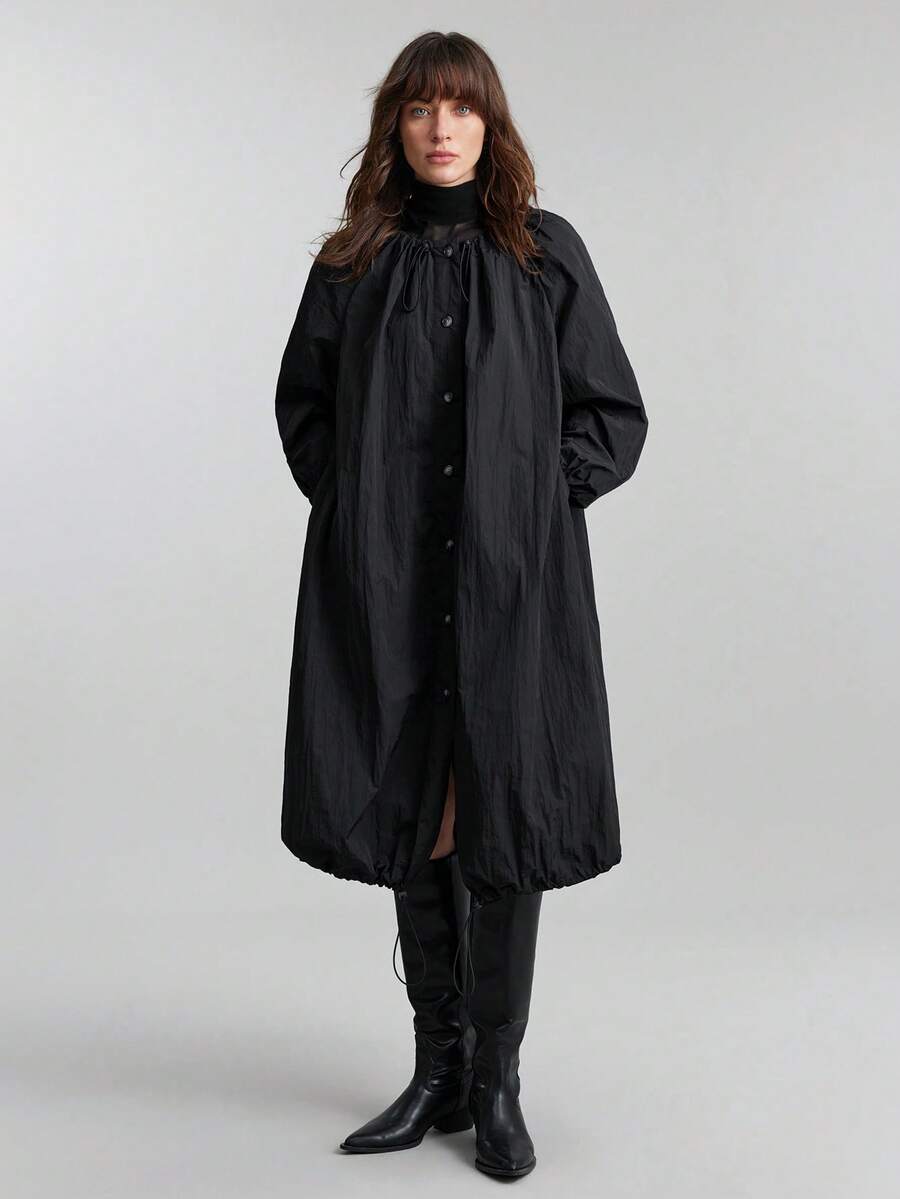 Ontre 2026春夏女士轻薄外套，黑色宽松长袖圆领套头衫，适合办公室/休闲场合，可调节抽绳，商务休闲，教师节，情人节，节日派对，百搭薄款外套 - 黑色 - 查看 1