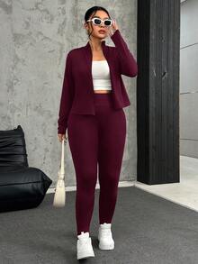 SHEIN EZwear 酒红色加大码女式长袖拉链上衣和紧身打底裤两件套 - 酒紅色 - 查看 4