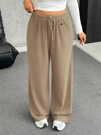 SHEIN EZwear Plus Size Apricot Velvet Soft & Warm Casual Drawstring Loose Pants