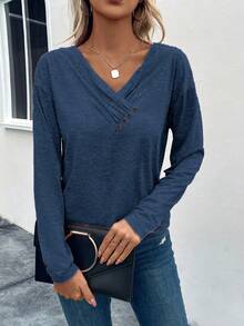 SHEIN LUNE 女士休闲纽扣装饰V领修身长袖T恤，秋季款 - 霧霾藍 - 查看 4