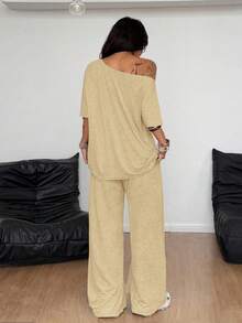 Coolane Trang phục dạo phố tối giản mùa hè dành cho nữ Trang phục cơ bản hàng ngày Đi chơi thể thao Áo phông trễ vai thoải mái và quần dài ống rộng Bộ đồ hai mảnh - Màu be - Xem 2