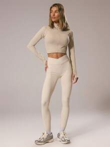 Musera Sport 撞色缝线短款长袖运动夹克，适合板网球、网球、匹克球健身 - 米色 - 查看 5