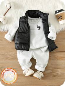 SHEIN Bộ 3 món/bộ đồ lót giữ nhiệt cho bé trai: Áo nỉ cổ tròn màu xám, áo len, quần jogger và áo khoác vest lót cotton. Thoải mái, đa năng, giản dị, phong cách, phù hợp mặc hàng ngày, trong nhà, ngoài trời, trượt tuyết, thể thao, tiệc tùng, dạo phố, thu/đông - Xám - Xem 3