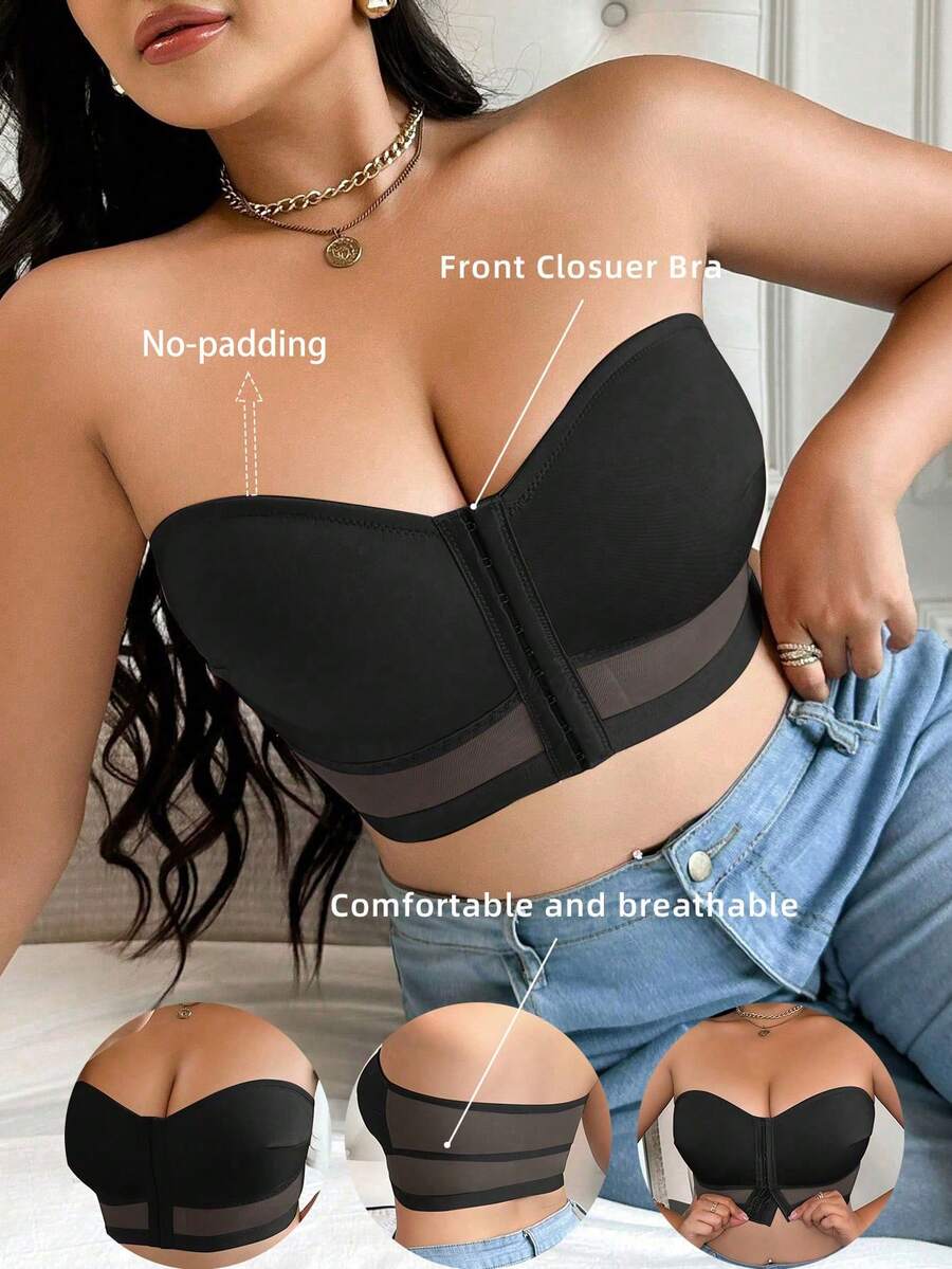 SHEIN 1pc Front Closure Wireless Plus Size Bra - Black - View 1