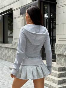 SHEIN EZwear 休闲抽绳连帽运动衫，带保暖内衬，修身款，秋冬款 - 灰色 - 查看 2