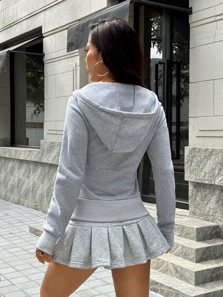SHEIN EZwear Casual Drawstring Hooded Sweatshirt With Thermal Lined, Slim Fit, Autumn/Winter Graduation,Back To School Outfits,Graduation,Teacher Outfits For Women,Back To School - Grey - View 2