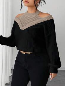 SHEIN Elenzya 女士二合一露肩撞色毛衣 - 卡其色 - 查看 4