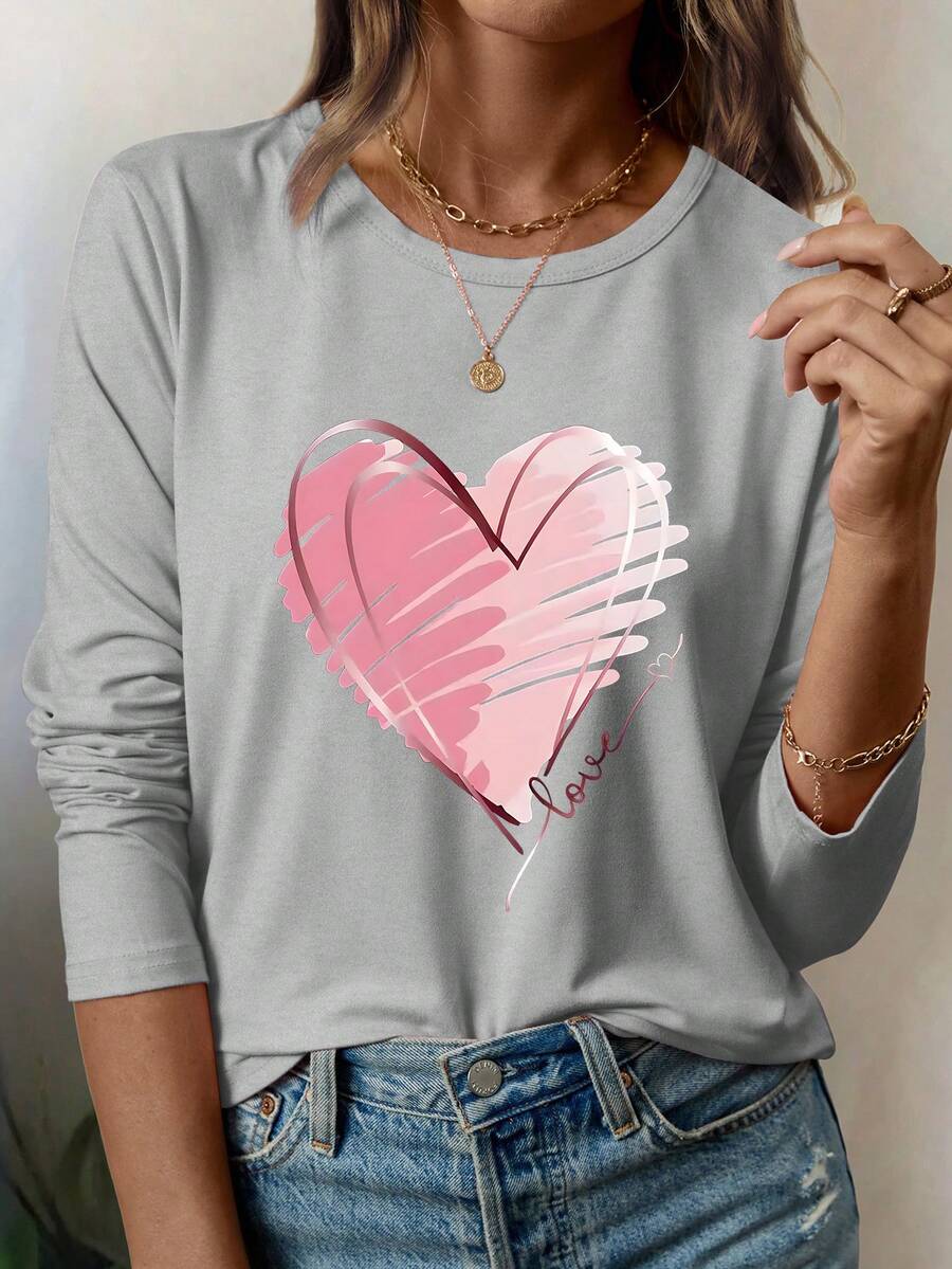 SHEIN 情人节粉色爱心时尚英文休闲舒适外出修身家居时尚秋冬春季休闲外出长袖打底印花T恤女式春季上衣 - 灰色 - 查看 1