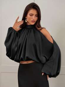 Aloruh 女士新款缎面长袖衬衫，纯色乳白色和香槟色，泡泡袖设计，优雅性感派对装，秋冬款 - 黑色 - 查看 4