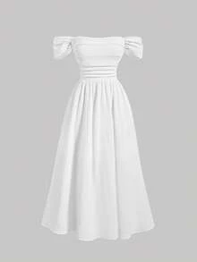 SHEIN MOD White Ruffled Off Shoulder Romantic And Cute Summer Dress - White - View 1