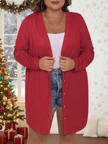 Vionelle 大码纯色前开襟长袖外套，适合新年穿着 - 紅色 - 查看 5