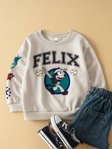 SHEIN Felix The Cat Young Boy Cartoon Graphic Casual Cute Crew Neck Sweatshirt, Apricot Color - Apricot - View 1