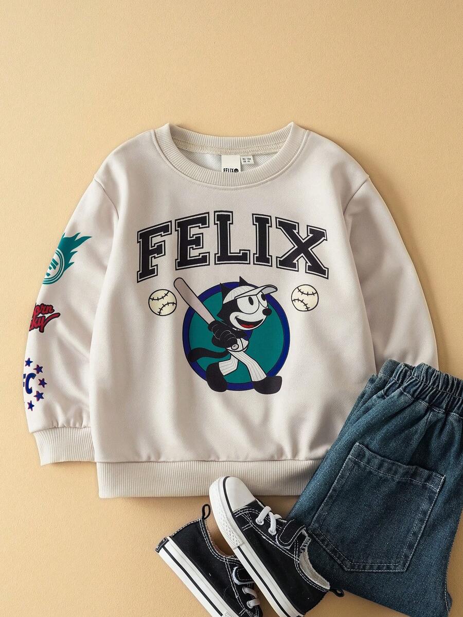 SHEIN Felix The Cat Young Boy Cartoon Graphic Casual Cute Crew Neck Sweatshirt, Apricot Color - Apricot - View 1