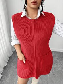 Elenzga 大码女式宽松针织圆领休闲无袖毛衣背心，带大口袋，纯色，秋冬款 - 紅色 - 查看 3