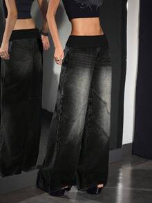 SHEIN PETITE Jeans anchos y sueltos de mujer con cintura de contraste, versátiles y casuales