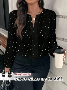 SHEIN CURVE+ Áo sơ mi thường ngày cổ chữ V tay dài in hoa cỡ lớn - màu đen - Xem 1