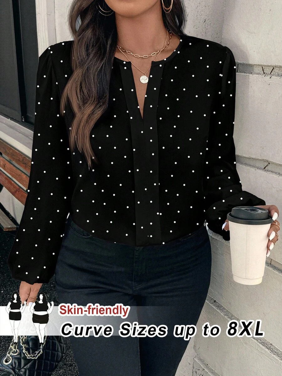SHEIN CURVE+ Áo sơ mi thường ngày cổ chữ V tay dài in hoa cỡ lớn - màu đen - Xem 1