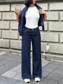 SHEIN PETITE PETITE LOW WAIST DARK WASH STRAIGHT JEAN - Dark Wash - View 5