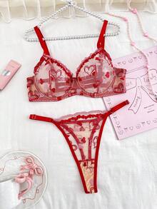 PetitDoll Set de 2 piezas de lencería sexy de talla grande con corazón rojo transparente - Rojo - Ver 6