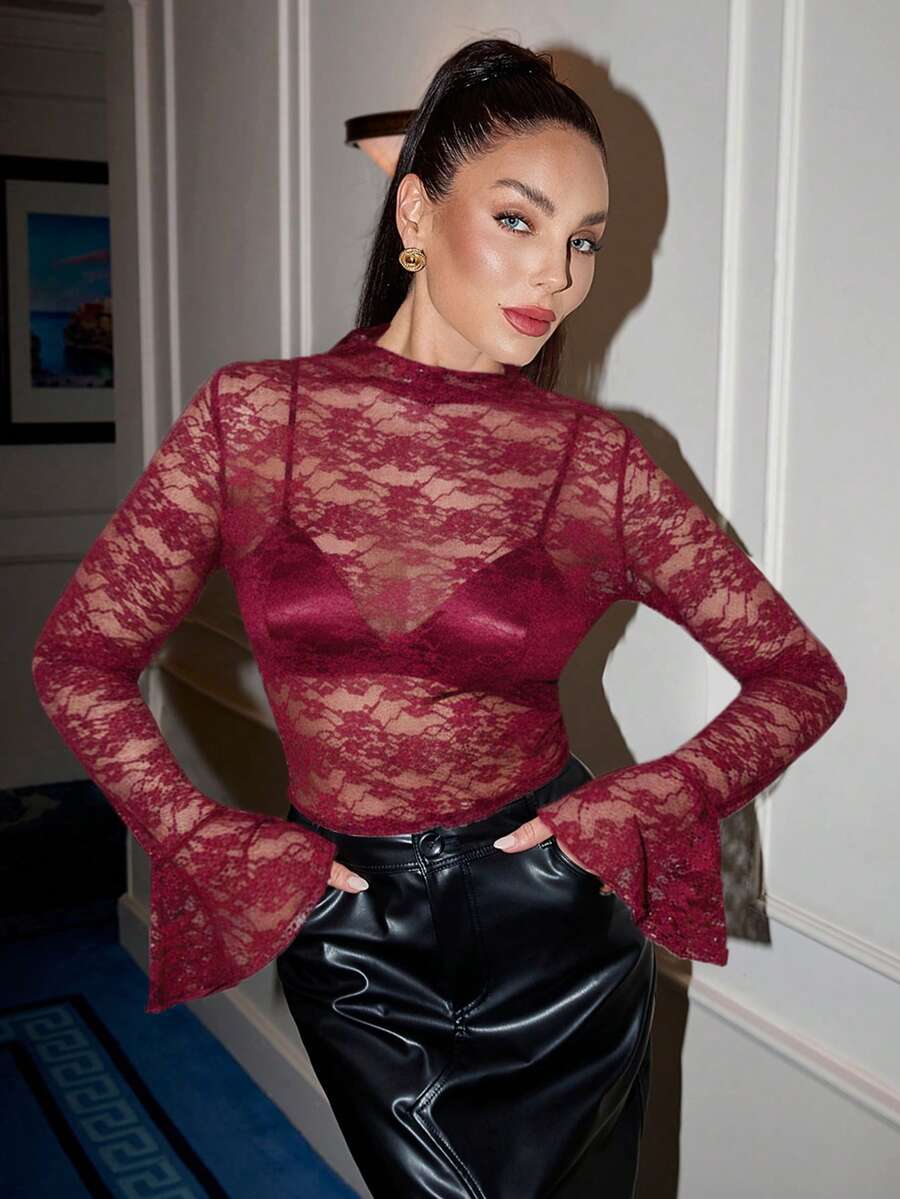 Lavishia Women's Lace Round Neck Fitted Flare Sleeve Top - Burgundy - View 1
