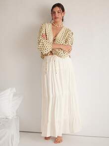 Freevana 大码女式优雅杏色波点印花长袖露脐系带蝴蝶结上衣，适合秋冬季和春季情人节旅行 - 杏色 - 查看 7