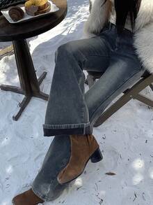 DAZY 女士喇叭形保暖内衬牛仔裤，秋冬季 Y2K 款式 - 藍色 - 查看 5