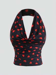 Olithes Versatile Women's T-Shirt Valentine's Day Heart Print T-Shirt Fashionable Off-Shoulder T-Shirt Halter Neck Top Off Shoulder Top Crop Top Heart Print Top Ruched Top Y2k Clothes Women Tops Halter Top Womens Tops - Multicolor - View 2