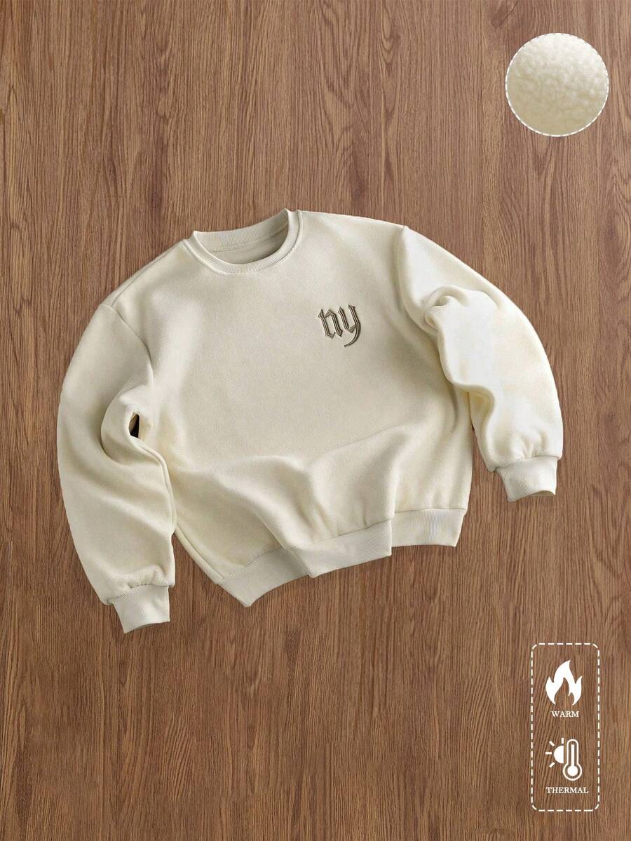 TOKVUE 男士字母刺绣圆领长袖休闲宽松抓绒卫衣，秋冬刺绣Y2K卫衣 - 米色 - 查看 1