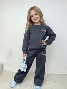 少女蝴蝶结印花圆领长袖卫衣和松紧腰运动裤套装 - 黑色 - 查看 2