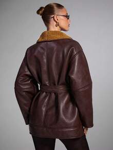 SHEIN BAE 秋冬女士时尚仿皮草大衣 - 酒紅色 - 查看 2