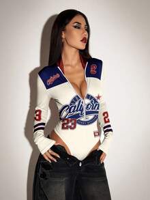 SHEIN ICON 休闲复古赛车风红黑撞色印花连体衣，适合秋冬季节穿着，风格涵盖复古、学院风、百搭、性感、可爱、Y2K、椰子女孩、波西米亚、嬉皮和音乐节等多种风格。 - 彩色 - 查看 7