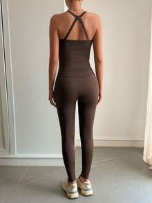 DAZY 女士户外修身吊带背心和休闲裤运动套装 - 咖啡棕 - 查看 2